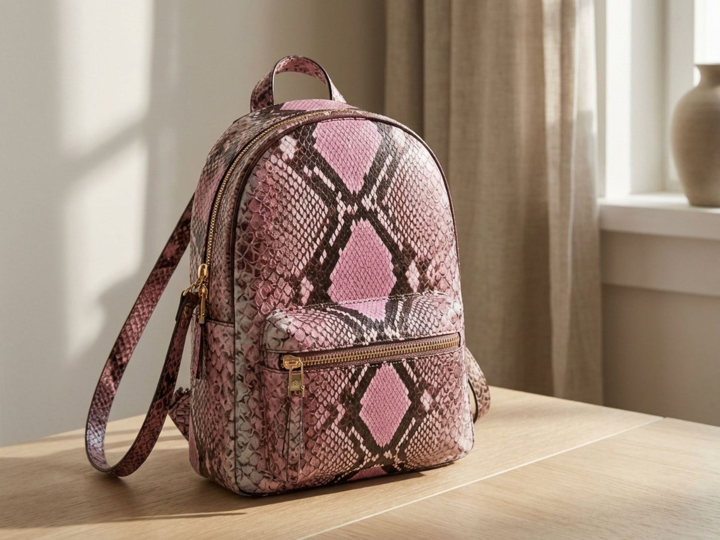 Blush Pink Python Snakeskin Backpack Purse