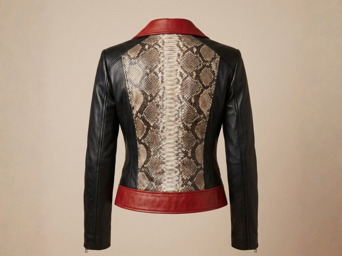 Genuine Python Snakeskin Lambskin Biker Leather Jacket: Red Accents
