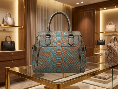 Brown Turquoise Python Snakeskin Leather Satchel Tote