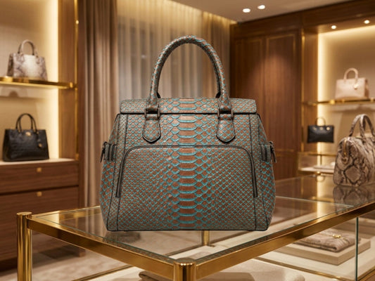 Brown Turquoise Python Snakeskin Leather Satchel Tote