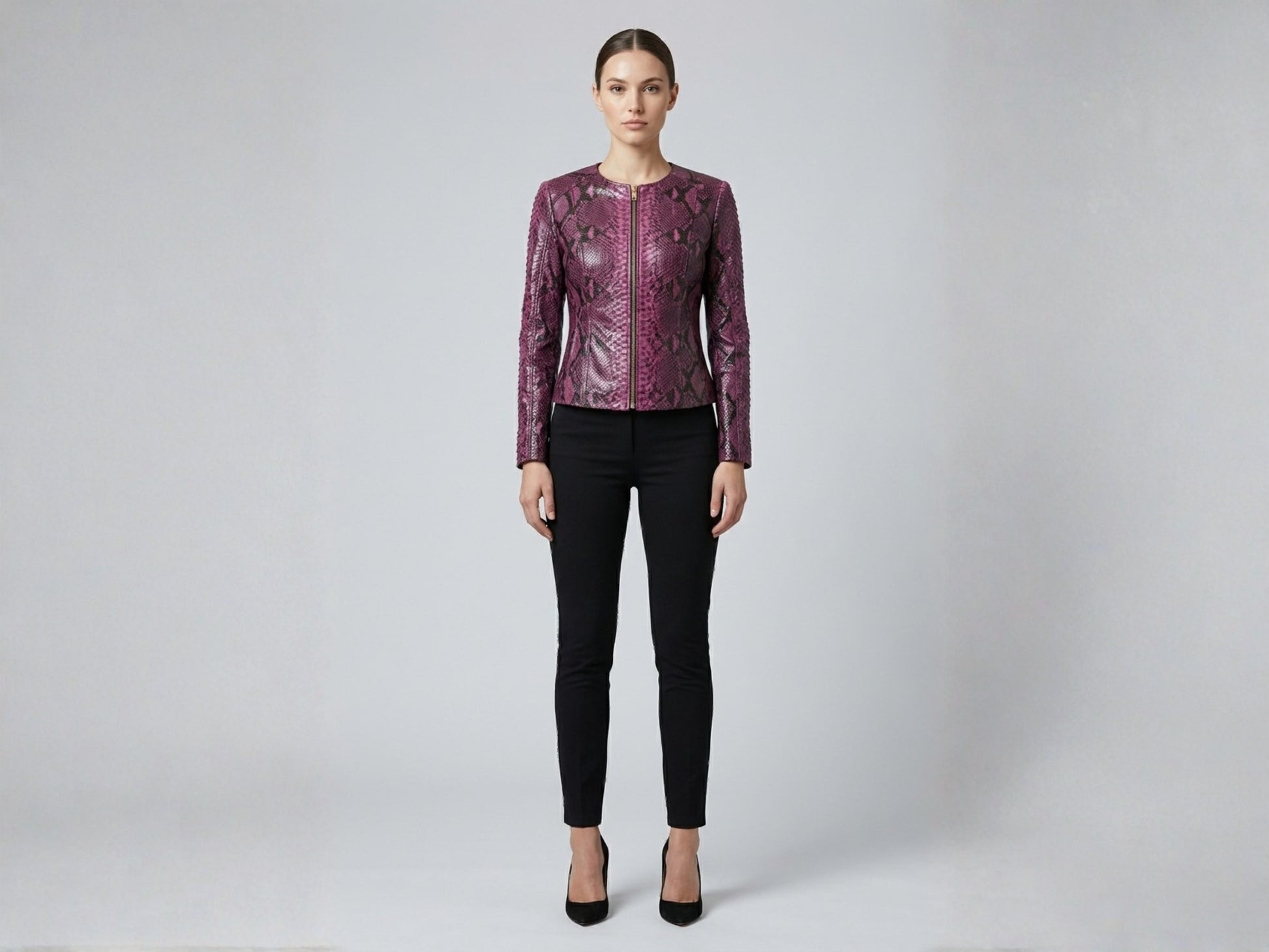 Pink Burgundy Python Snakeskin Leather Jacket