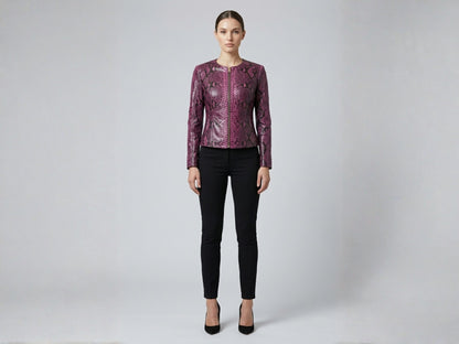 Pink Burgundy Python Snakeskin Leather Jacket