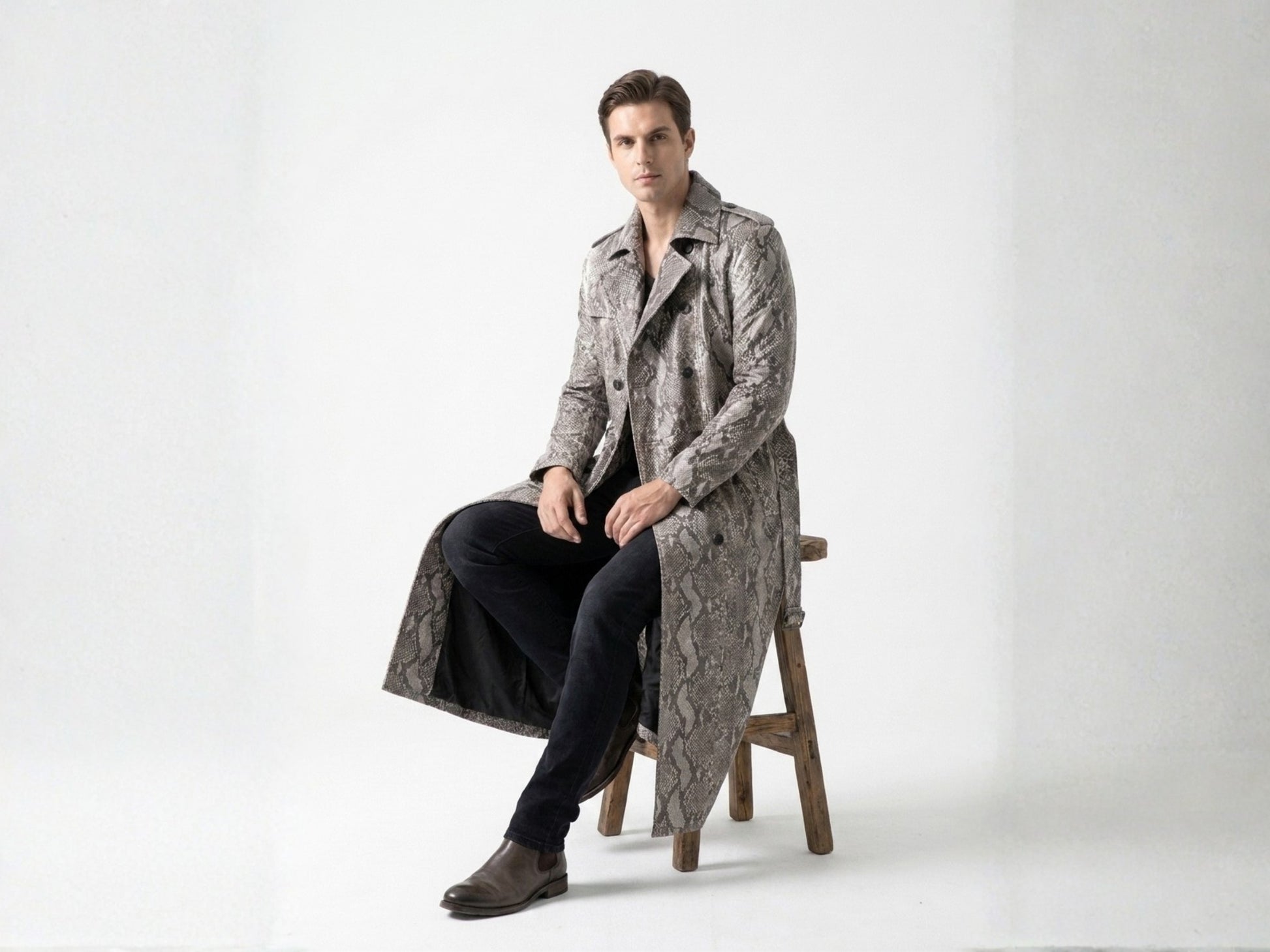 Natural Gray Python Snakeskin Long Trench Coat