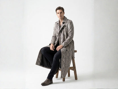 Natural Gray Python Snakeskin Long Trench Coat