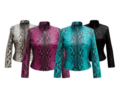 Genuine Python Snakeskin Women Biker Jacket: Real Exotic Zip Up Leather Jackets