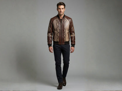 Dark Brown Python Snakeskin Bomber Jacket