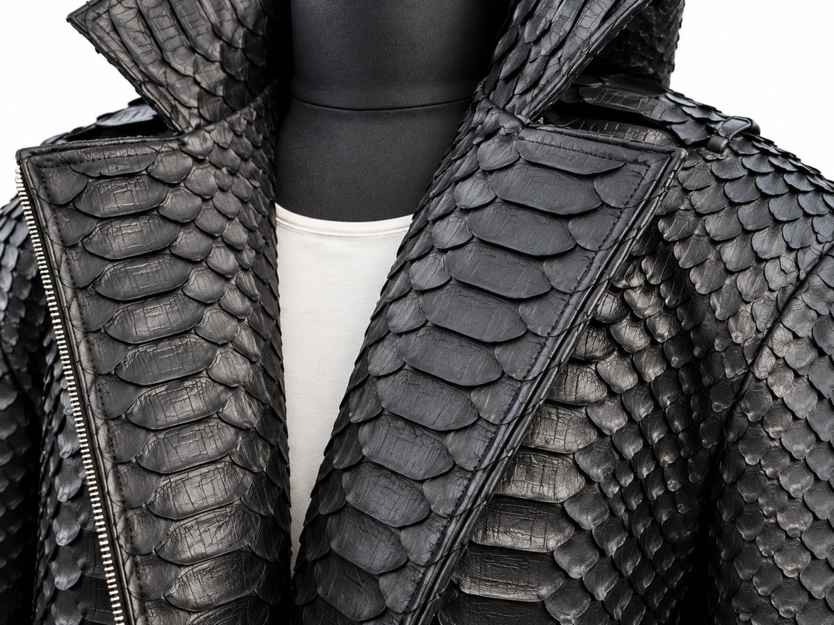 Genuine Python Snakeskin Motorcycle Jacket | Black King Scales