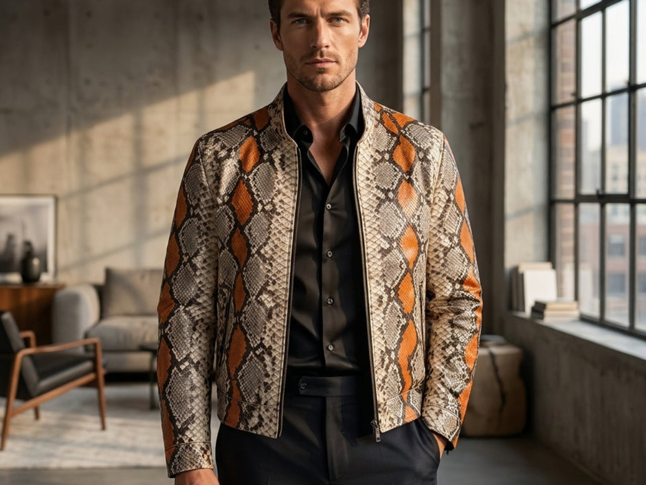 pink python snakeskin short sleeve men's rompers,... Python Jacket Collection for Men:Style & Sophistication in Every Piece ...