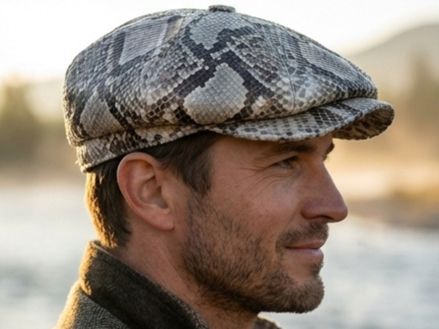 Gray Snakeskin Leather Newsboy Caps