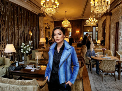 Handmade Blue Python Snakeskin Biker Jacket – Exotic Leather Moto Coat