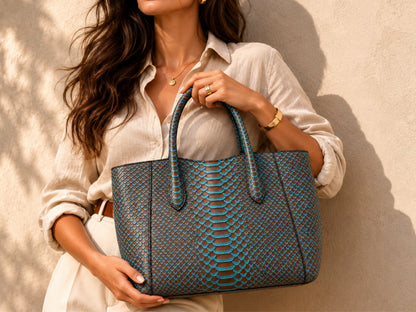 Aqua Brown Python Snakeskin Tote Leather Bag