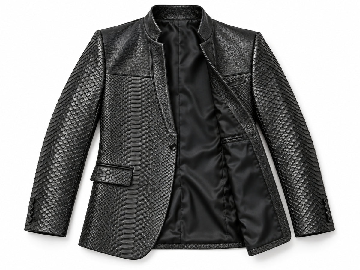 Genuine Python Snakeskin Leather Blazer for Men - Black