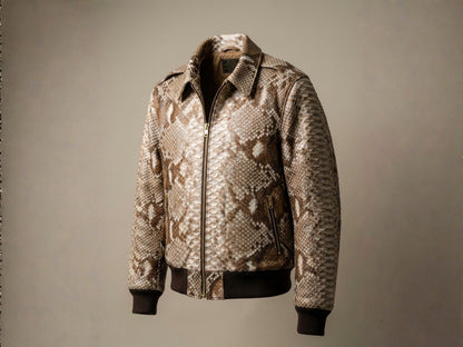 Taupe Beige Python Snakeskin Bomber Jacket