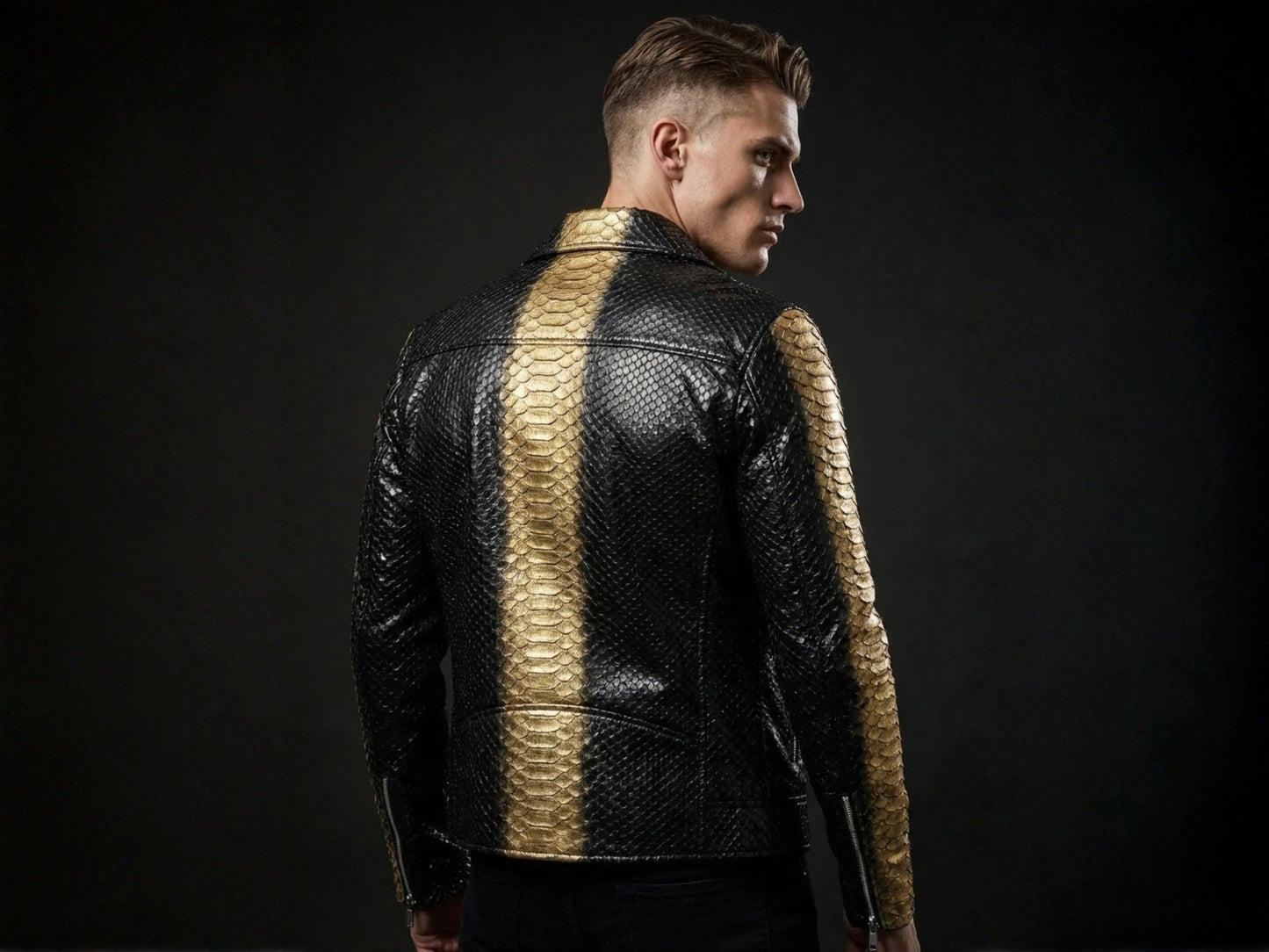 Genuine Python Snakeskin Biker Jacket: Black Gold Exotic Leather Motorcycle Jacket