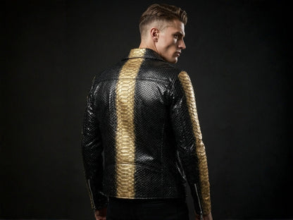 Genuine Python Snakeskin Biker Jacket: Black Gold Exotic Leather Motorcycle Jacket