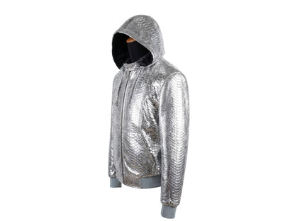 Handmade Metallic Silver Python Snakeskin Tracksuit | Exotic Leather Bomber & Jogger Set