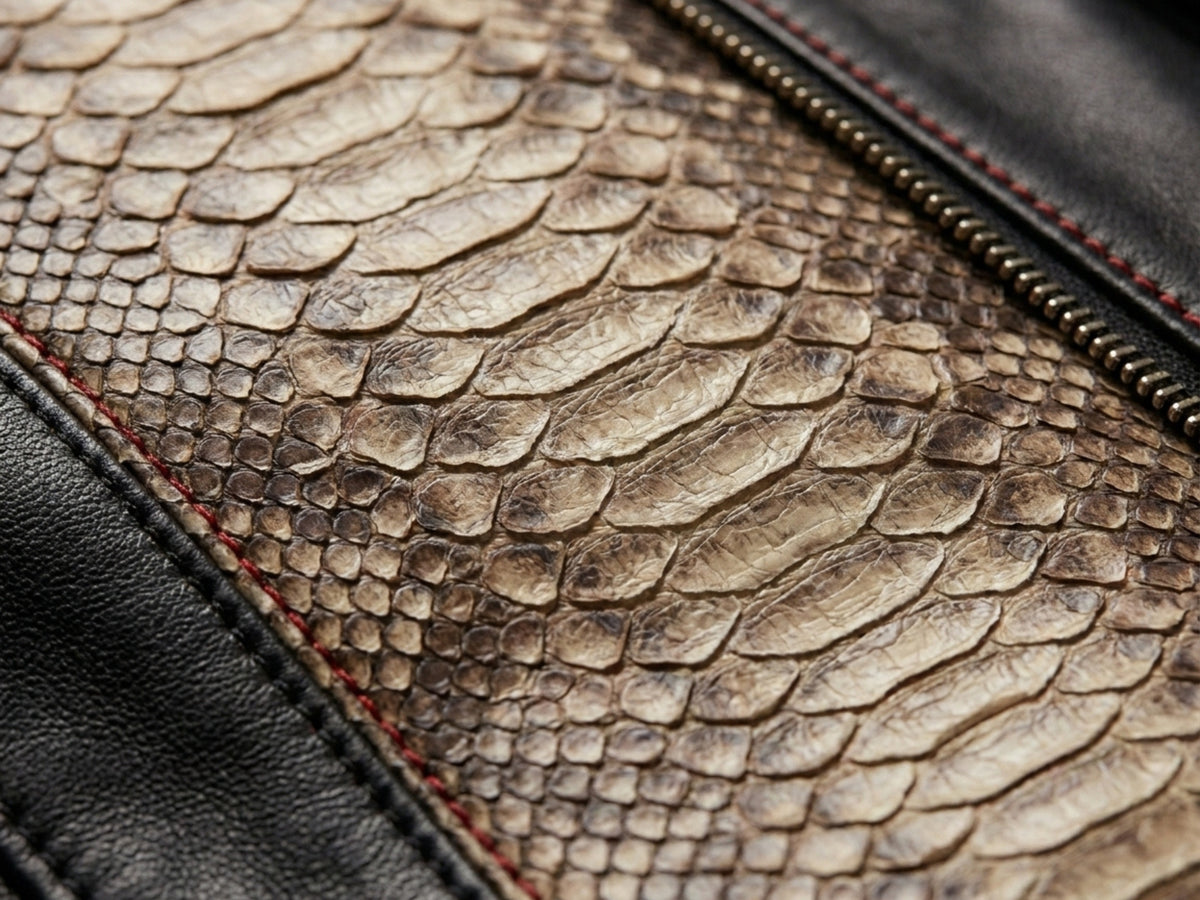 Genuine Python Snakeskin Lambskin Biker Leather Jacket: Red Accents
