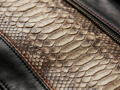 Genuine Python Snakeskin Lambskin Biker Leather Jacket: Red Accents