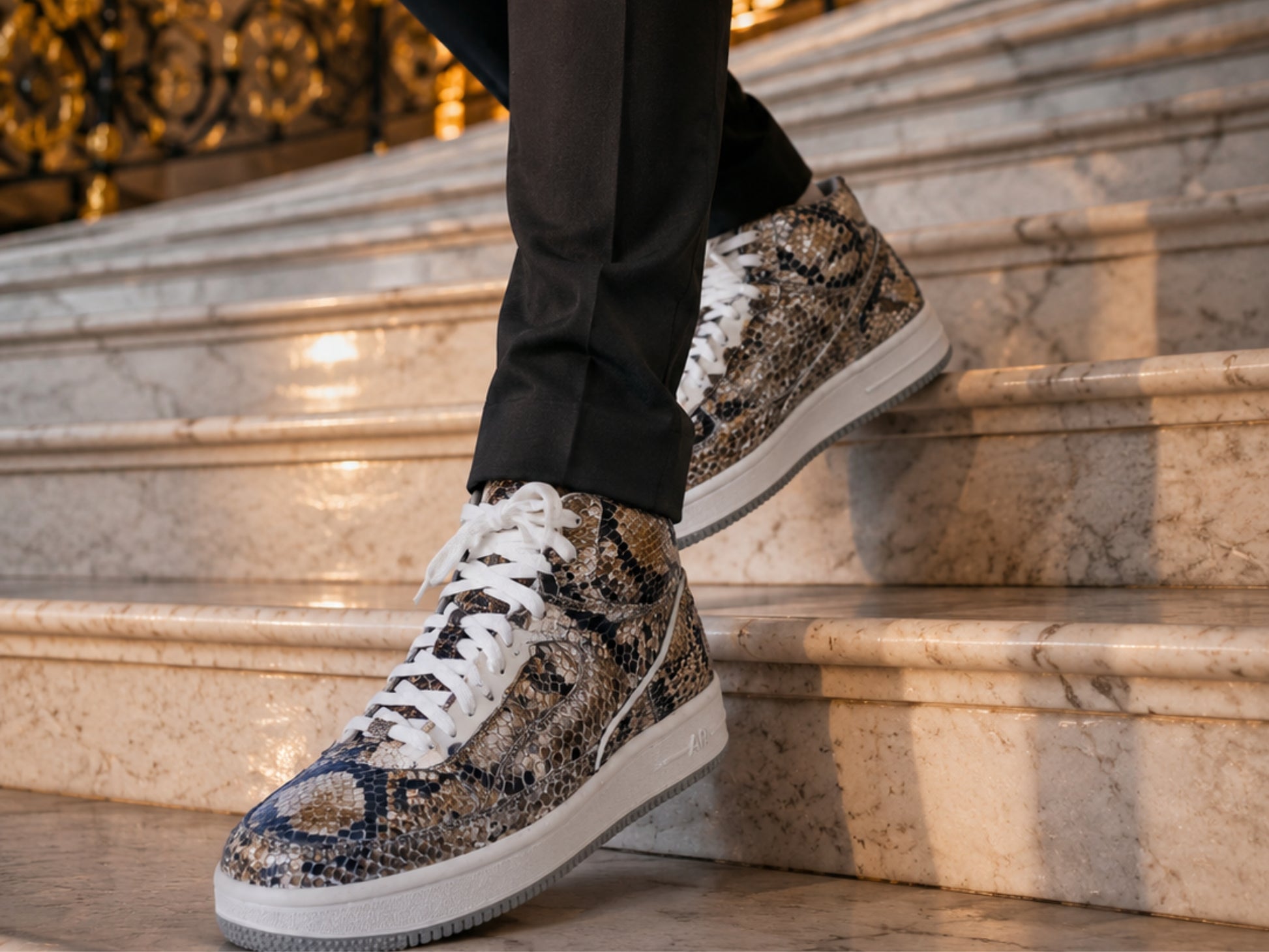Natural Gray Python Snakeskin Leather High-Top Sneakers