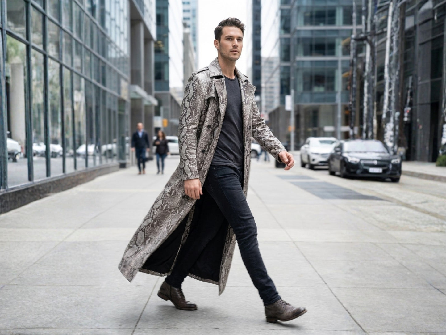 Natural Gray Python Snakeskin Long Trench Coat