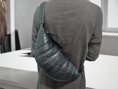 Snakeskin Leather Croissant Bag - Black color