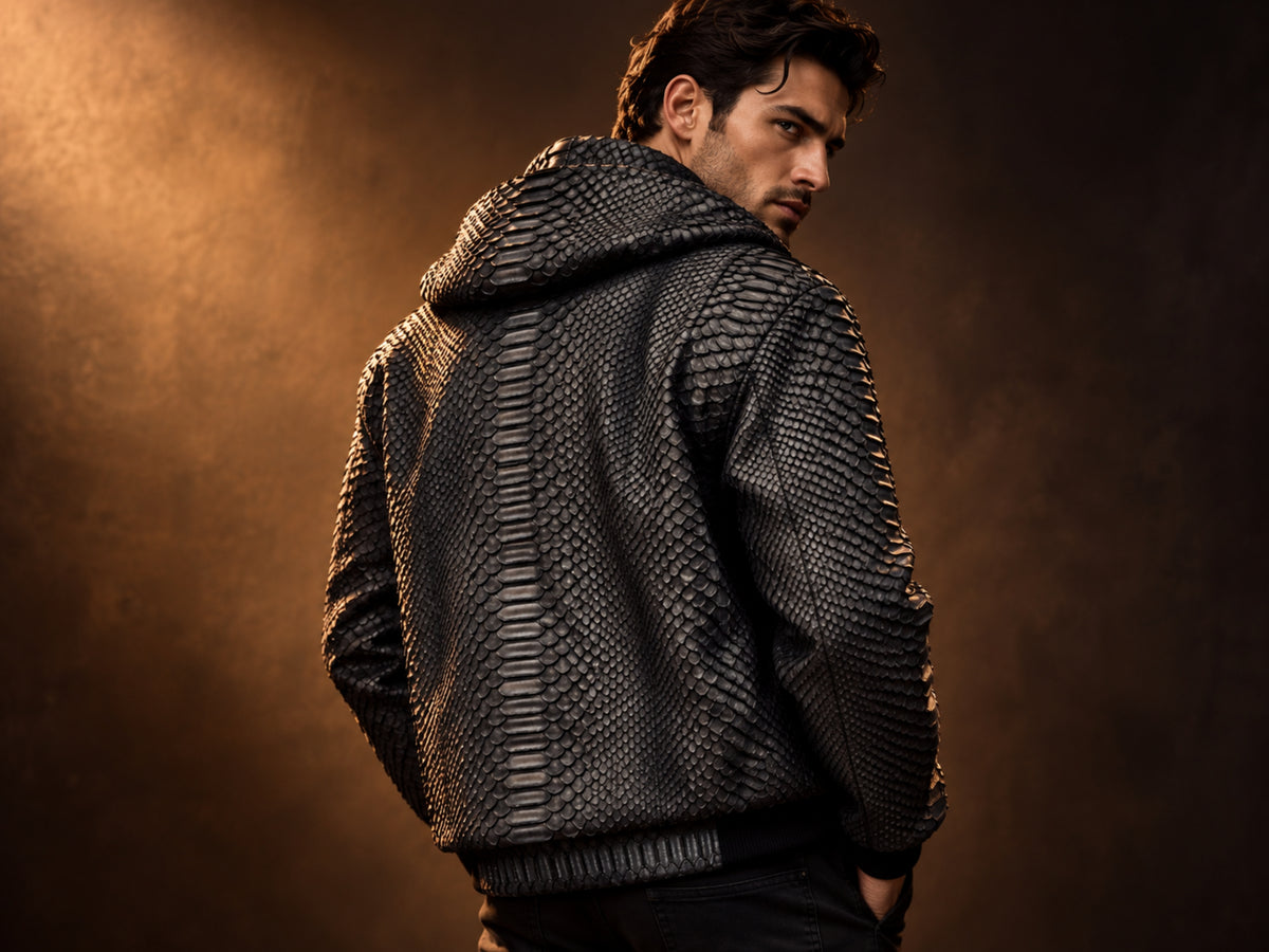 A man wearing a black textured hooded jacket with a snakeskin-like pattern, photographed from the back and side against a dark brown studio background with dramatic warm lighting.