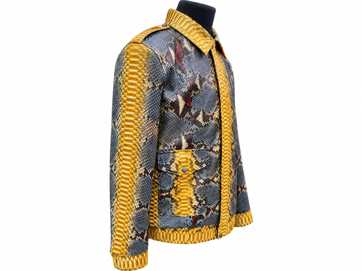 Side profile of a men's python snakeskin leather jacket with mustard gold sleeves, charcoal patterned panels, pointed collar, front flap pocket, and contrasting gold cuffs.