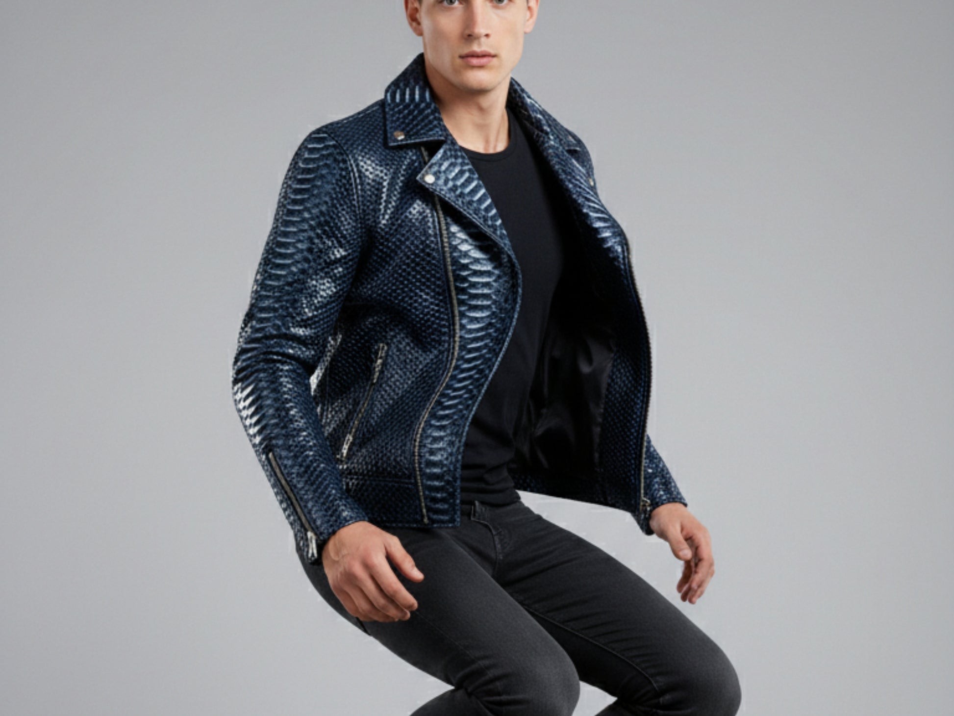 Genuine Python Snakeskin Biker Jacket: Blue Exotic Leather Motorcycle Jacket