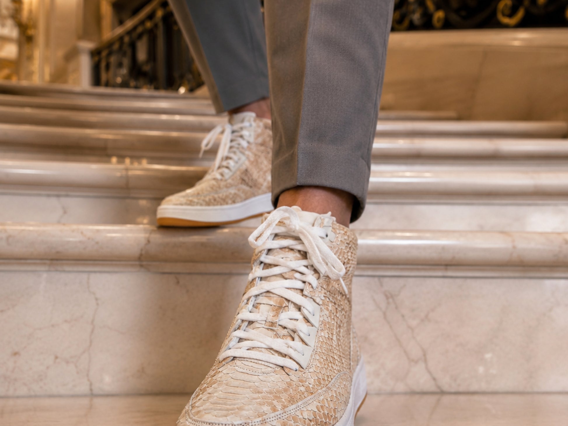 Beige Python Snakeskin Leather High-Top Sneakers