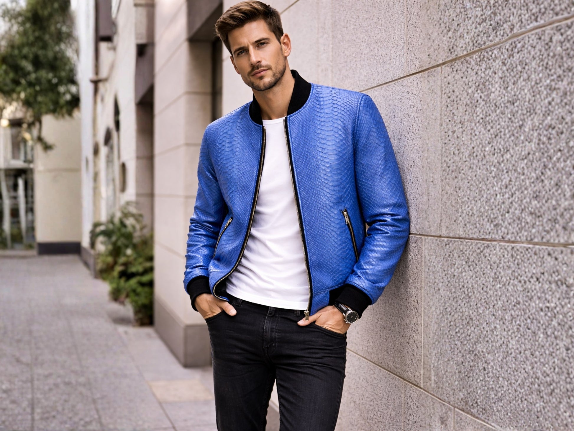Blue Python Snakeskin Bomber Jacket