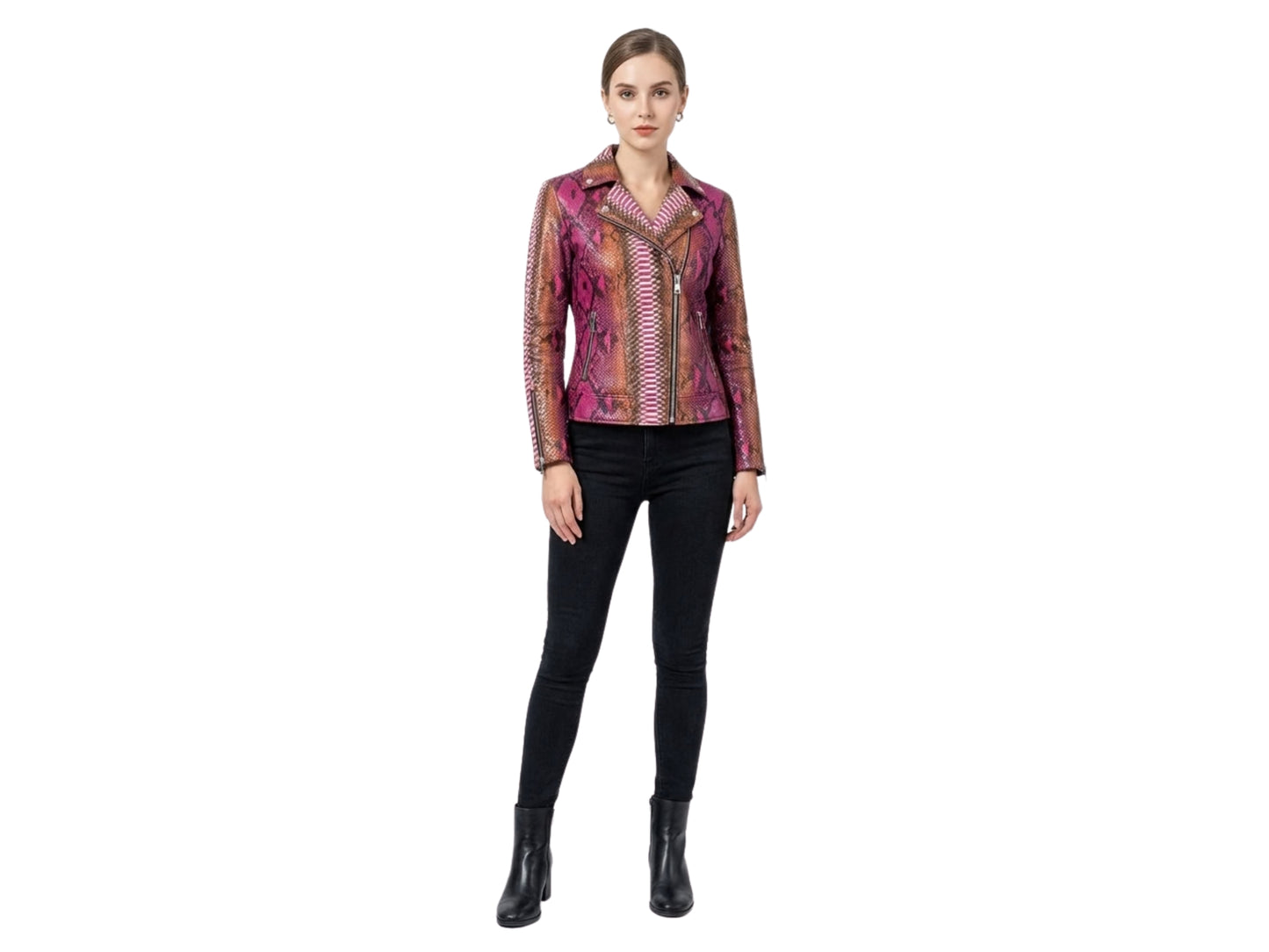 Genuine Python Snakeskin Leather Biker Jacket for Women: Pink Brown Exotic Motorcycle Jacket