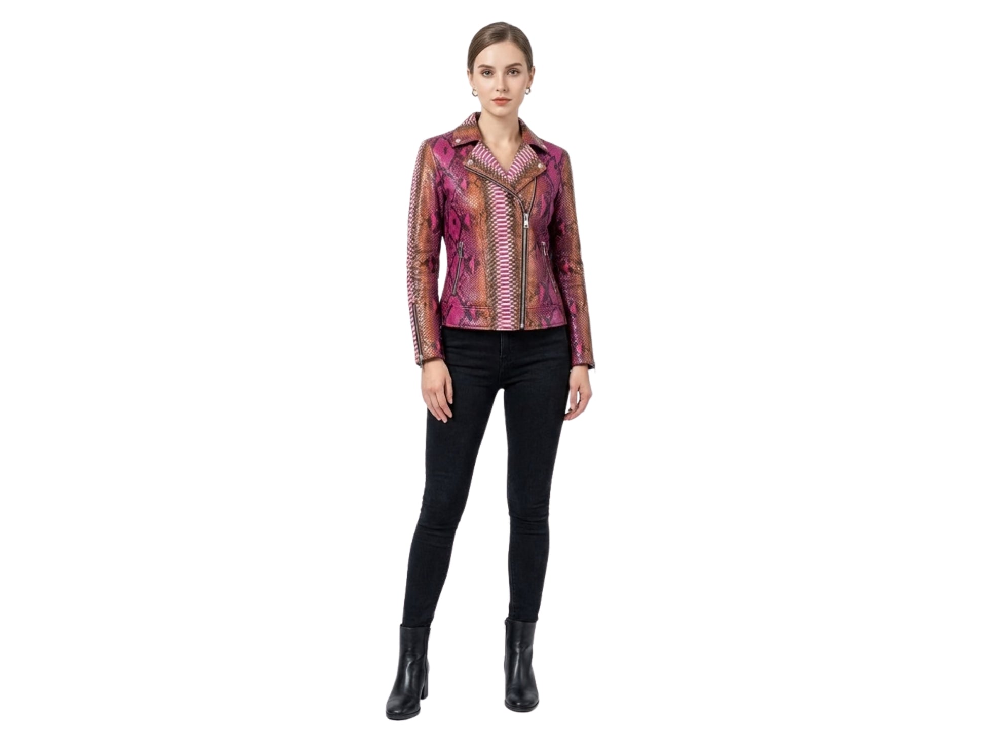 Genuine Python Snakeskin Leather Biker Jacket for Women: Pink Brown Exotic Motorcycle Jacket