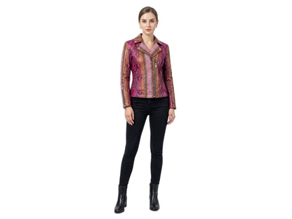 Genuine Python Snakeskin Leather Biker Jacket for Women: Pink Brown Exotic Motorcycle Jacket