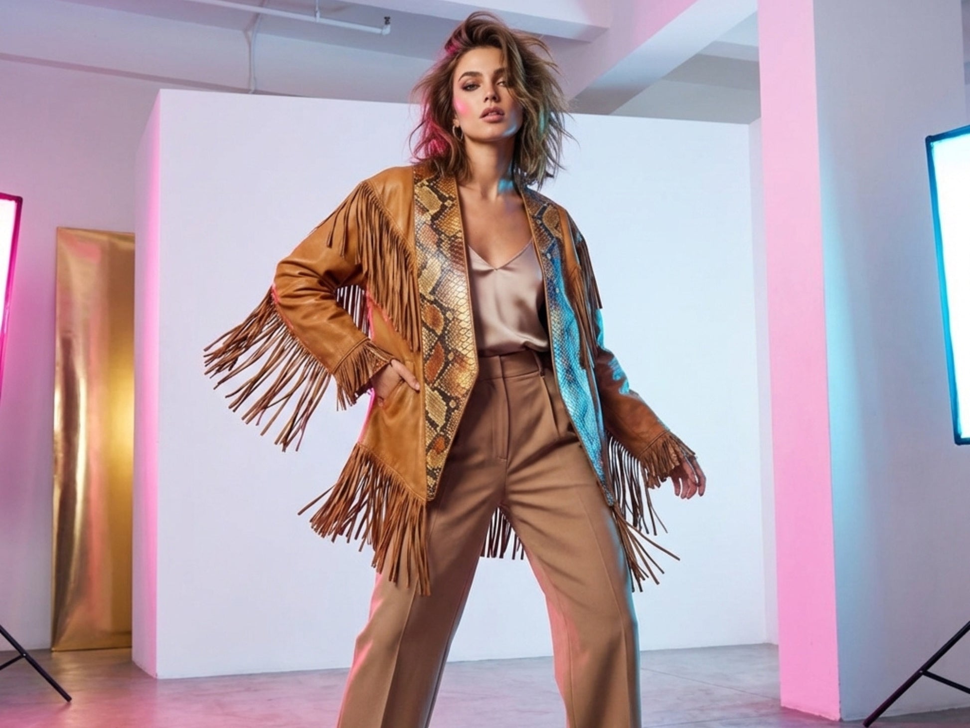 Brown Snakeskin Fringe Leather Jacket