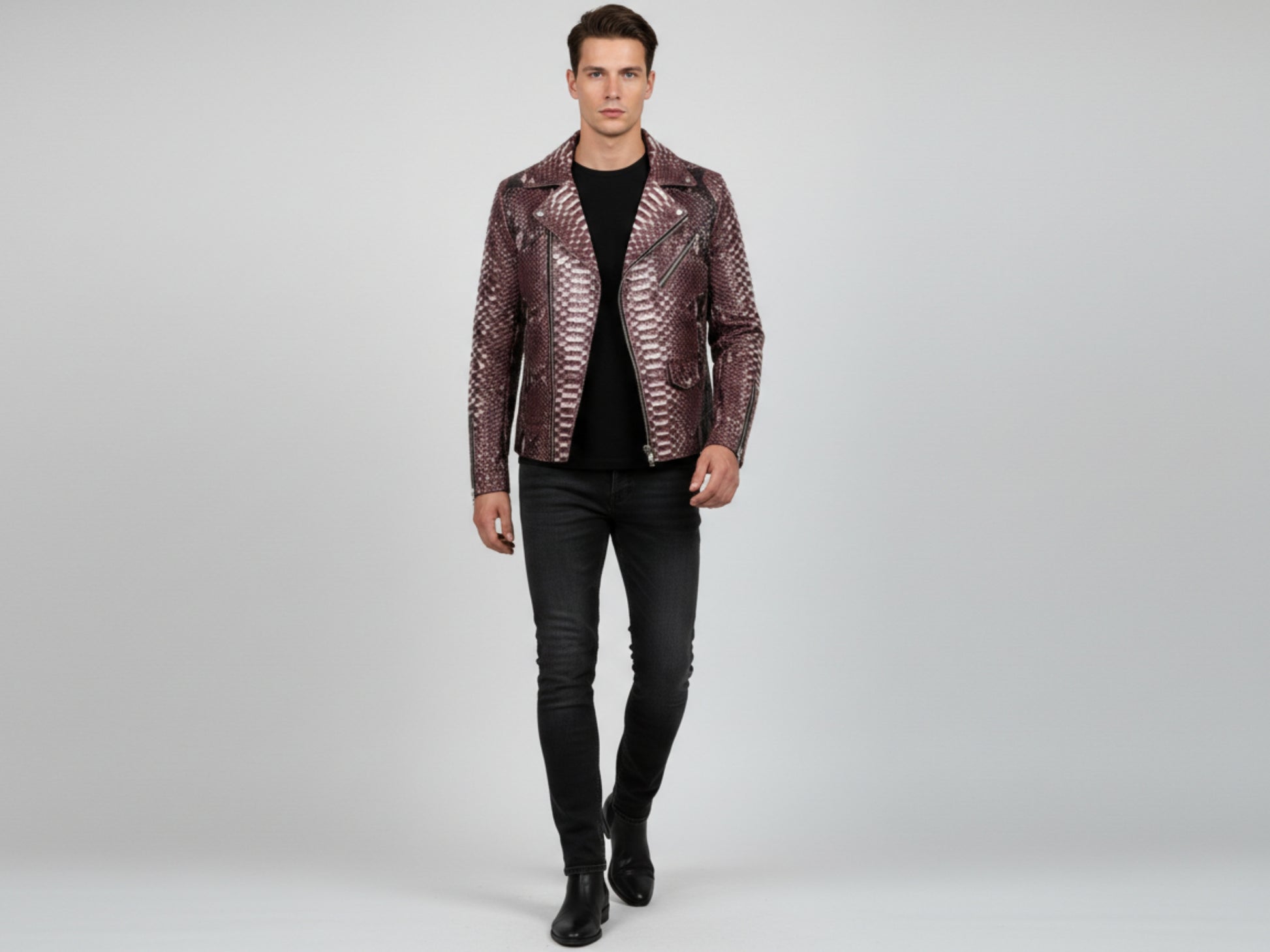 Genuine Python Snakeskin Leather Biker Jacket: Gradient Burgundy Exotic Motorcycle Jacket