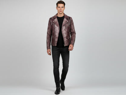 Genuine Python Snakeskin Leather Biker Jacket: Gradient Burgundy Exotic Motorcycle Jacket