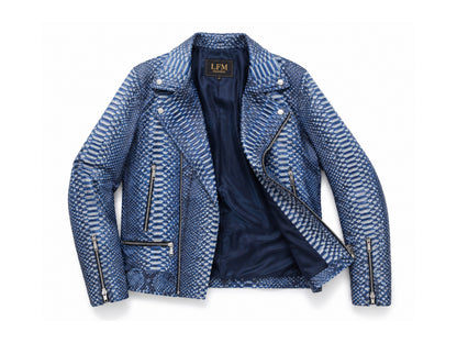 Blue patterned jacket on a white background