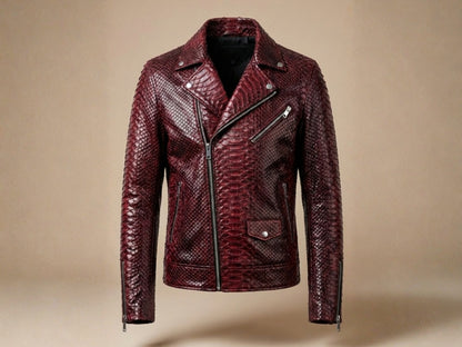Genuine Python Snakeskin Leather Biker Jacket: Luxury Burgundy Exotic Motorcycle Jacket for Men