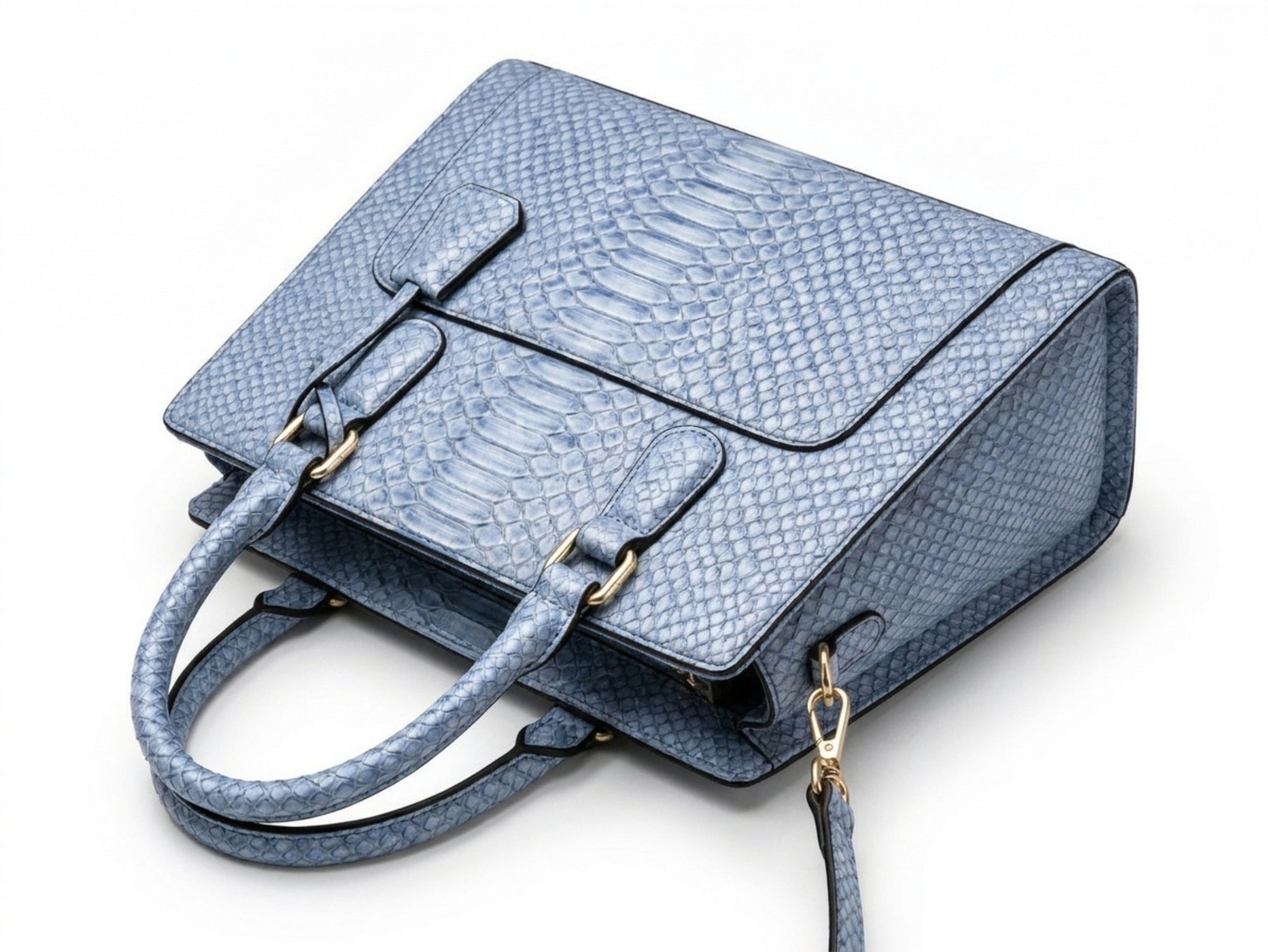 Light Blue Python Snakeskin Leather Satchel Tote