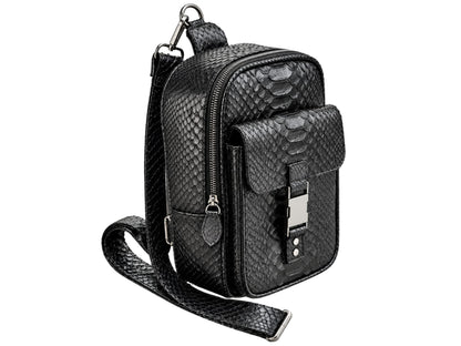 Black textured snakeskin crossbody bag with silver-tone hardware, shown on a plain white background.