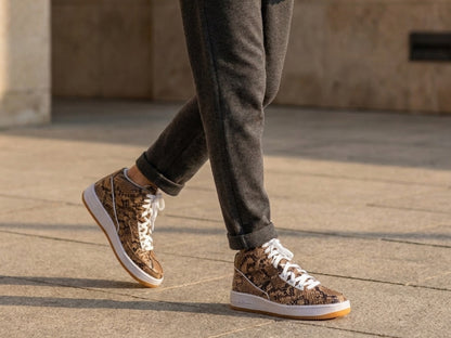 Brown Python Snakeskin Leather High-Top Sneakers