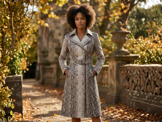 Gray Python Snakeskin Women Trench Coat