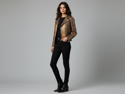 Genuine Python Snakeskin Leather Biker Jacket: Natural Brown Exotic Motorcycle Jacket