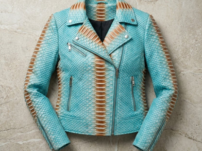 Turquoise Python Snakeskin Leather Jacket