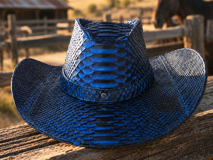 A vibrant blue python-skin cowboy hat resting on a rustic wooden fence in an outdoor ranch setting with a horse blurred in the background.