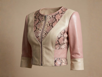 Blush Snakeskin Panel Cropped Leather Jacket