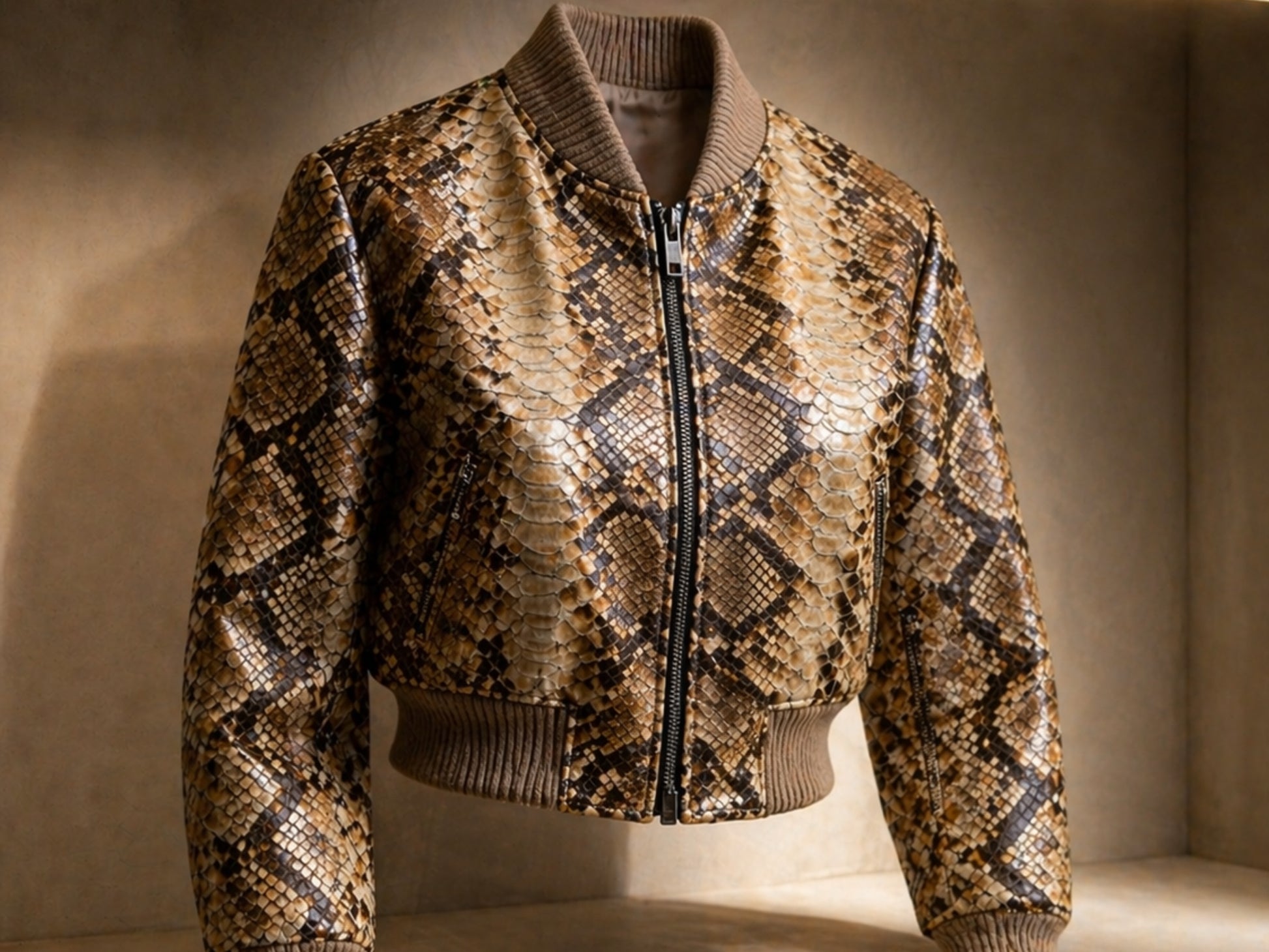 Brown Python Snakeskin Cropped Bomber Jacket