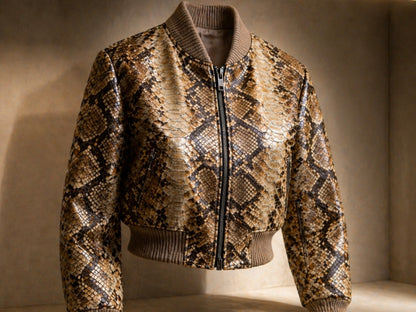 Brown Python Snakeskin Cropped Bomber Jacket