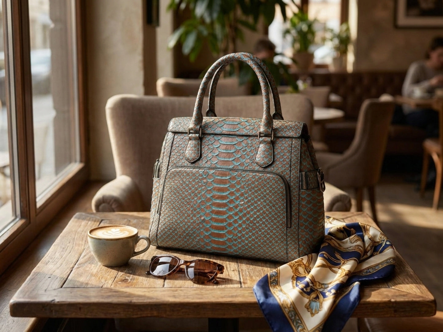 Brown Turquoise Python Snakeskin Leather Satchel Tote