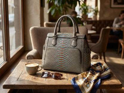 Brown Turquoise Python Snakeskin Leather Satchel Tote